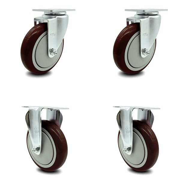5 Inch Maroon Polyurethane Wheel Swivel Top Plate Caster Set with 2 Rigid SCC
